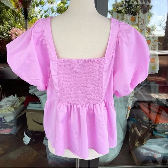 💕 OLD NAVY ~ Pink Puff-Sleeve Ruched Smocked Babydoll Top~ Summer Ready!  XXL - Picture 6 of 6